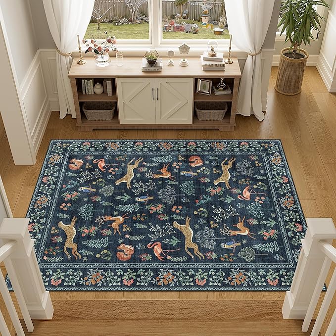 DUKINO 3x5 Rug, Washable Animal Area Rug with Non Slip Vintage Design, Indoor Soft Low Pile Carpet for Bedroom, Nursery, Dining Room, Farmhouse, Playroom, Navy Blue