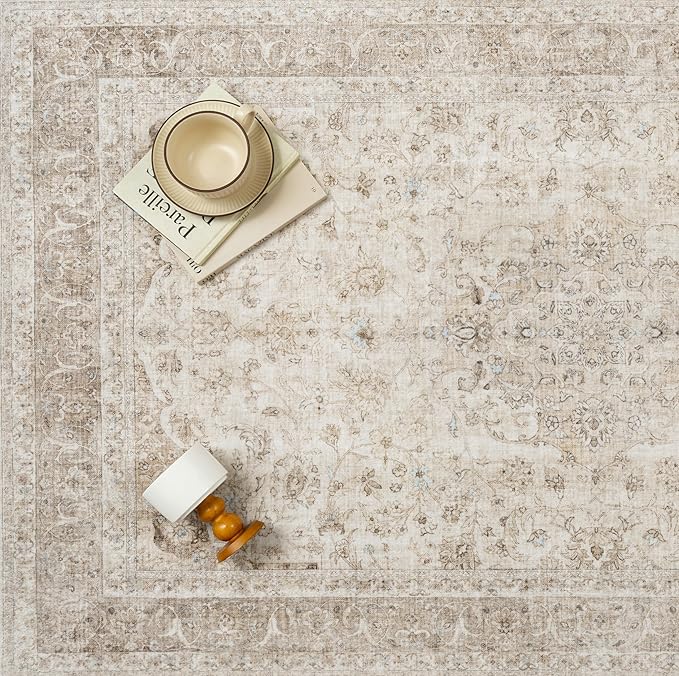 Beige Area Rug 4x5 Washable Office Entryway Vintage Carpet Low Pile Non Slip Distressed Door Mat Soft Traditional Retro Oriental Small Accent Throw Rug Kitchen Bedroom Bathroom Dining Room