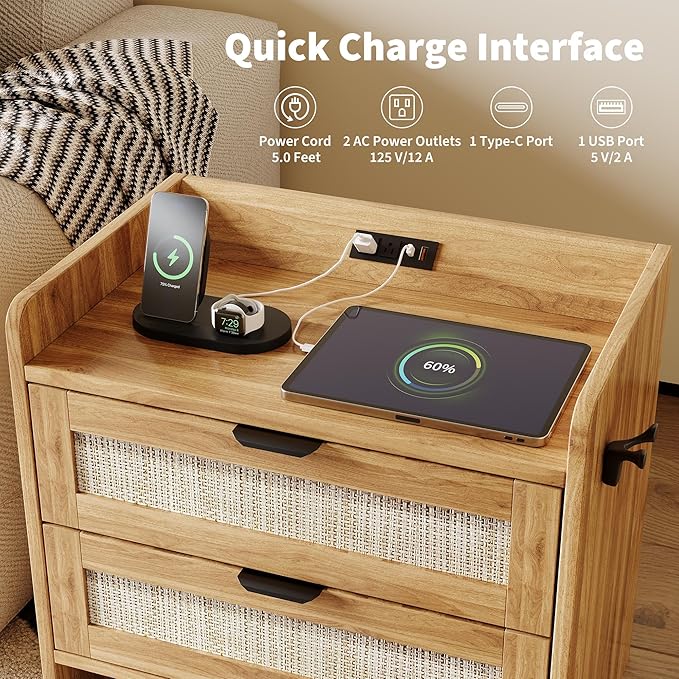 Rattan Nightstand Set of 2, Bedside Table with Type-C Charging Station - 2 Storage Drawer Space, Boho End Table Side Table for Bedroom Office, Large Night Stand with Charging Port