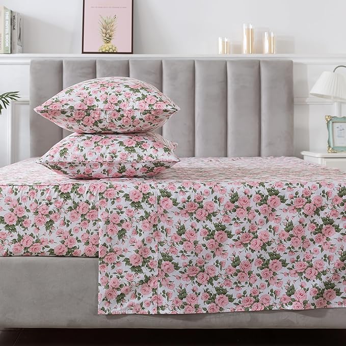 FADFAY Sheets Set King Pink Rose Floral Bedding Rustic Peony Flower Bed Sheet Set Vintage Farmhouse Bedding 100% Cotton Ultra Soft Breathable Collection with Deep Pocket Fitted Sheet 4Pcs, King Size