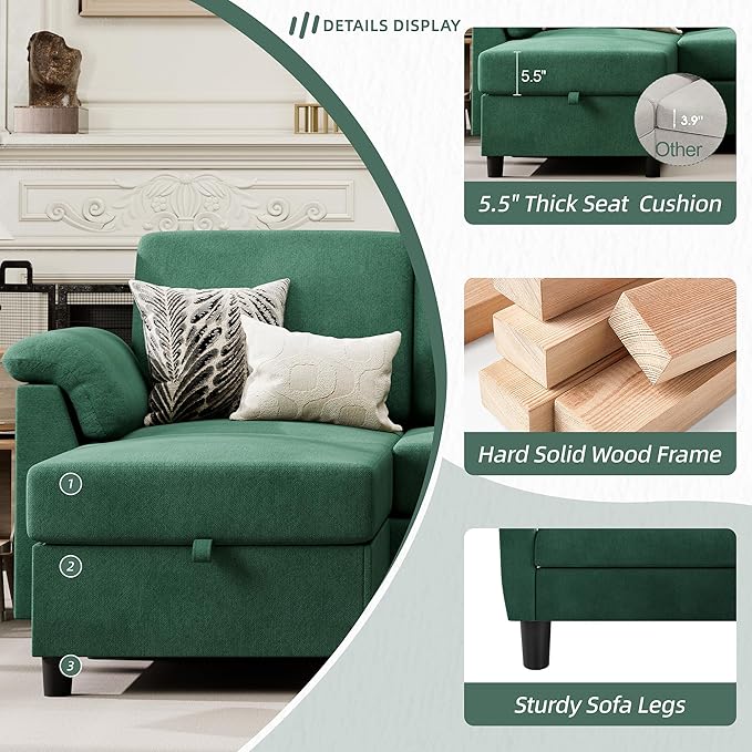 Vongrasig Convertible Sectional Couch, 3 Seat L Shaped Sofa with Removable Pillows Linen Fabric Small Modern Couch Mid Century for Living Room, Apartment and Office, Green