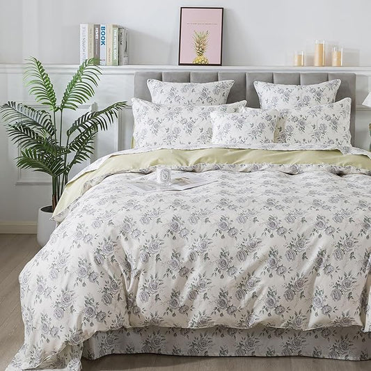 FADFAY Rose Duvet Cover Set Vintage Peony Floral Bedding Botanical Quilt Cover Set Shabby Farmhouse Bedding 100% Cotton Soft Comforter Cover with Hidden Zipper Closure 3Pcs, King/California King Size