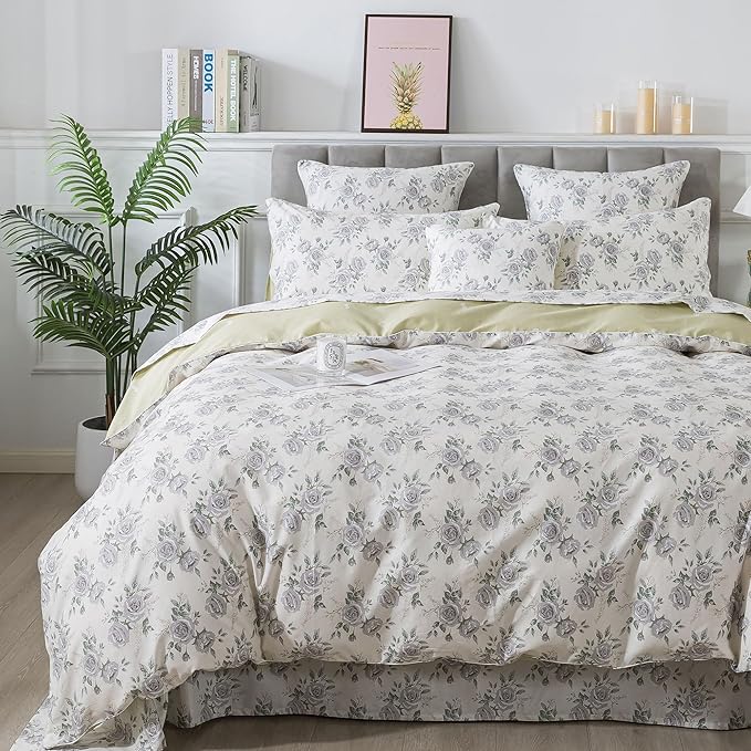 FADFAY Rose Duvet Cover Set Queen Rustic Peony Floral Bedding Vintage Botanical Quilt Cover Set Shabby Farmhouse Bedding 100% Cotton Soft Comforter Cover with Hidden Zipper Closure 3Pcs, Queen Size