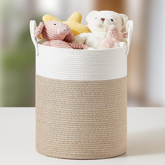 SONGMICS Laundry Hamper, Cotton Rope Laundry Basket with Handles, for Children, Toys, Clothing, Living Room, Bedroom, 15.8 Gallons, 13.8 x 13.8 x 19.7 Inches, White and Grayish Brown URLH061LZ01