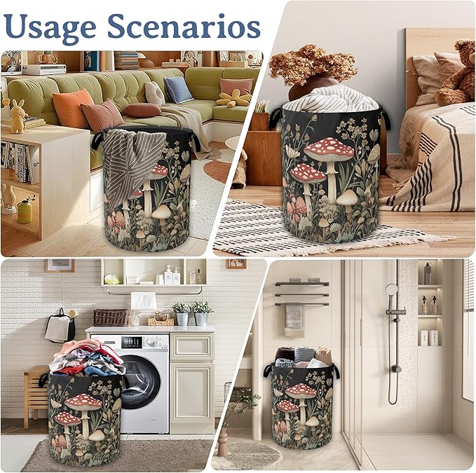 Red Mushrooms Laundry Basket,Foldable Waterproof Oxford Cloth Tote Bag Wildflower Plant Berries Laundry Hamper with Handles,20.8"x16" Clothes Storage Bucket Organizer for Laundry Room Bathroom Bedroom