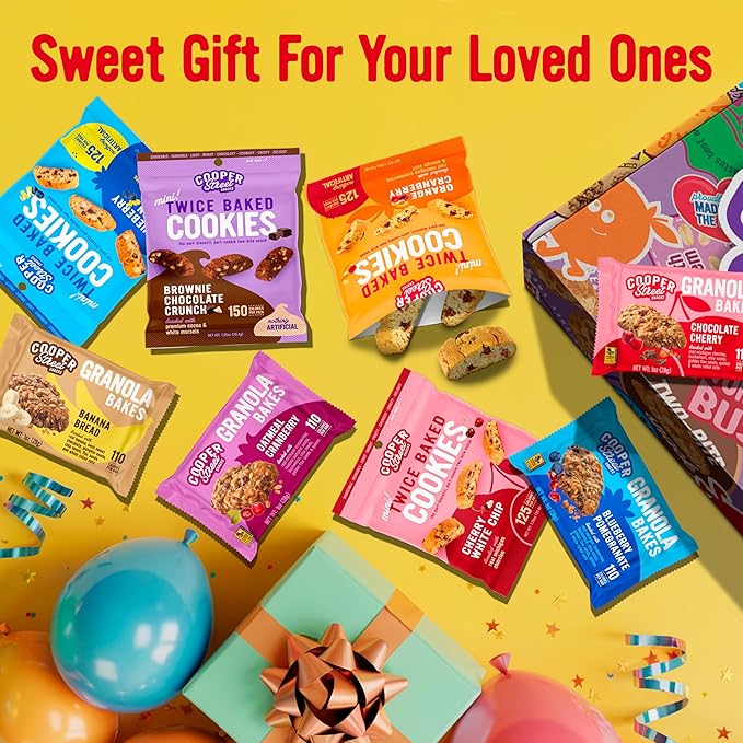Cooper Street Snacks Variety Gift Box – 24 Count Assorted Flavors (Granola Bakes + Biscotti Cookies) – Healthy Snack Care Package for Birthday, Thank You, Holiday & Corporate Gifts – Nut & Dairy-Free