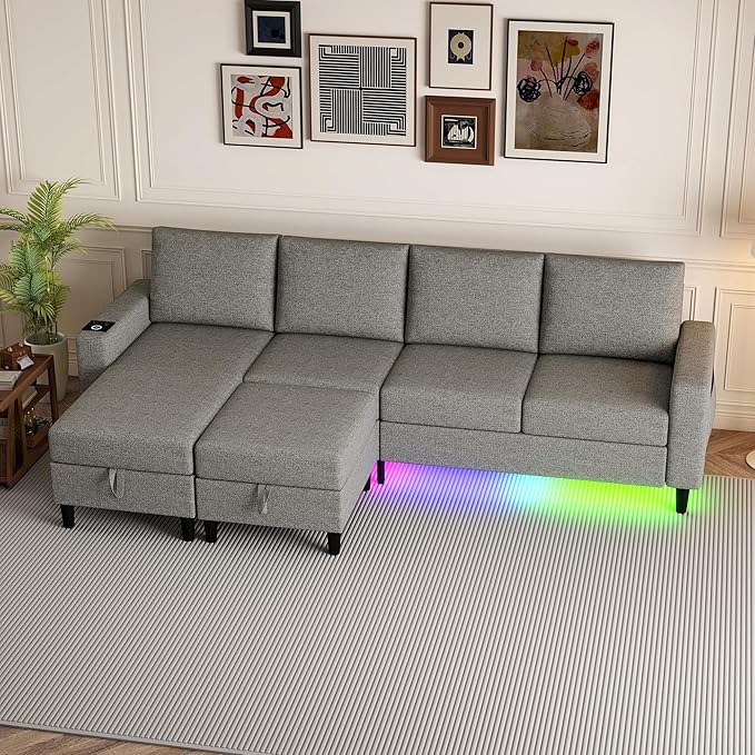 Sectional Couches for Living Room, 4 Seat Sectional Sofa with Smart Module-Wireless Charging/USB/Type-C/RGB Light, U Shaped Couch with Reversible Chaise Lounge/Storage Ottoman (Light Grey)