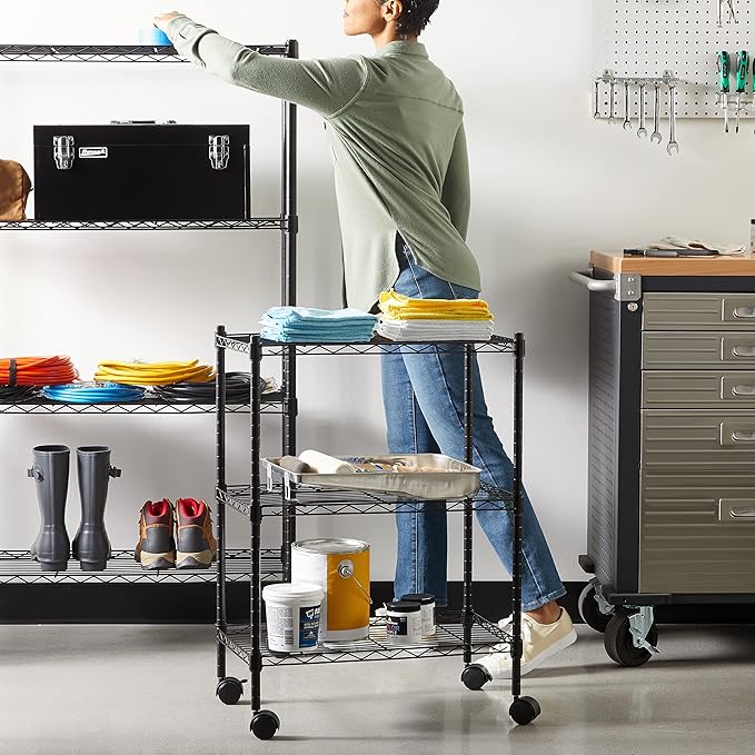 Amazon Basics 3-Shelf Adjustable, Heavy Duty Storage Shelving Unit on 2'' PP Plastic Wheel Casters, Metal Organizer Wire Rack, 23.2" L x 13.4" W x 32.75" H, Black
