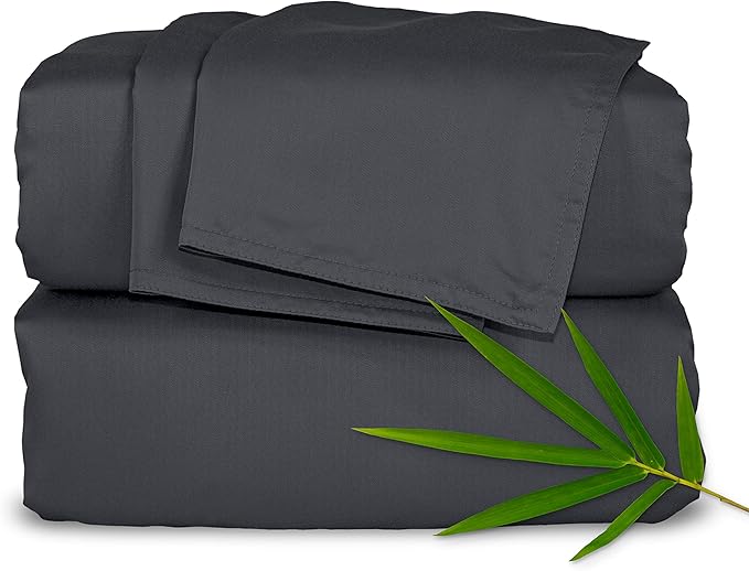 Pure Bamboo Split King Sheets, Genuine 100% Organic Viscose Derived from Bamboo Bed Sheet Set, Soft & Cooling, Double Stitching, 2 Fitted Sheets (Split King, Charcoal)