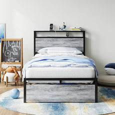 LIKIMIO Twin Bed Frames with Drawer, Storage Headboard with Outlets, No Box Spring Needed, Easy Assembly, Industrial Gray