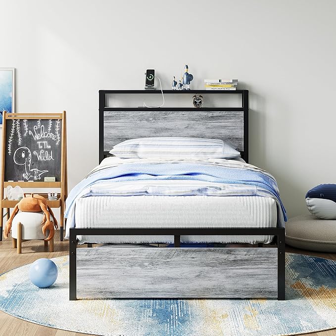 LIKIMIO Twin Bed Frames with Drawer, Storage Headboard with Outlets, No Box Spring Needed, Easy Assembly, Industrial Gray