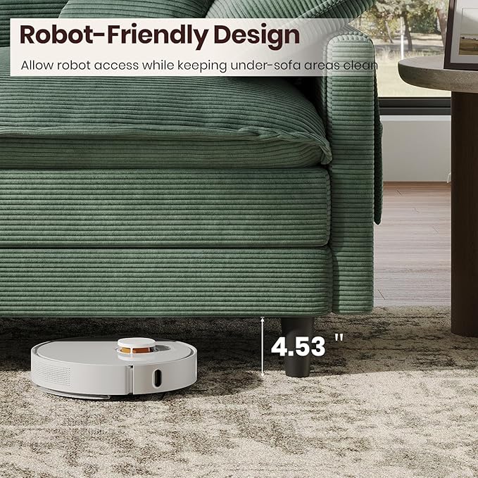 108" L Shaped Modular Sectional Cloud Couch with Ottoman, Snap-on Easy Installation 3 Seater Deep Seat Sofa with Storage Bag and Coffee Table for Living Room, Corduroy, Green