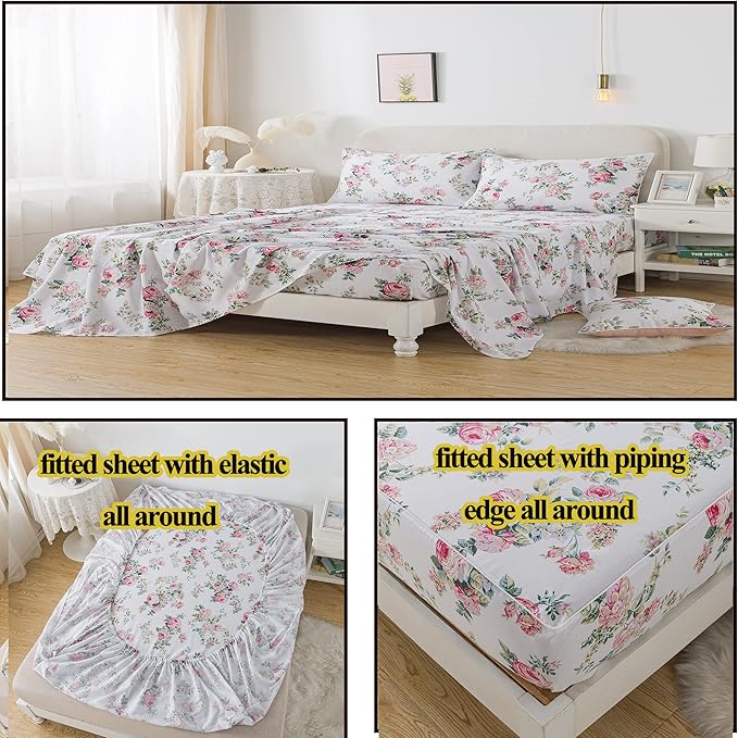 FADFAY Full Size Sheets Set - Pink Rose Floral Shabby Peony Flower Bed Sheet - Vintage Farmhouse 100% Cotton Ultra Soft Breathable Bedding With Deep Pocket Fitted Sheet, 4 Pieces