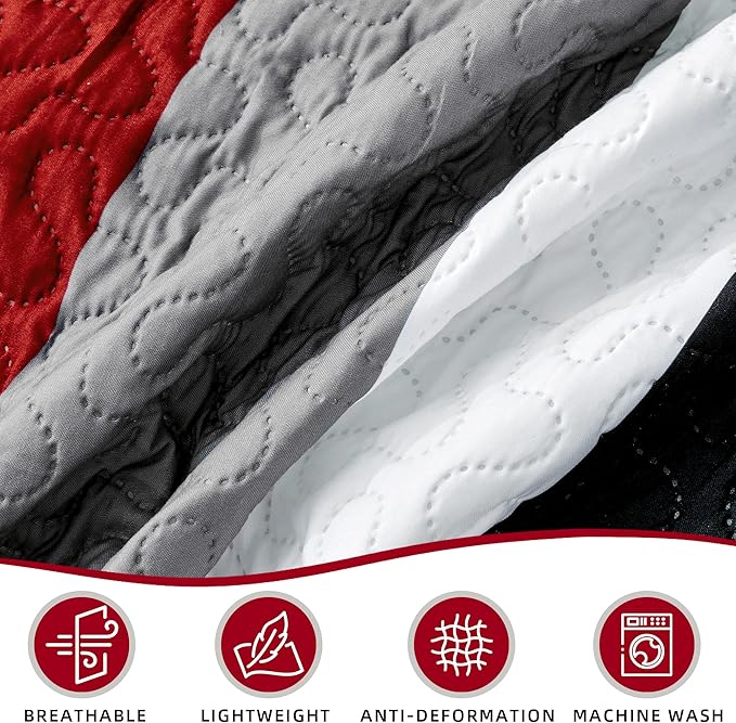 3 Piece Red Black Grey Quilt Set Full/Queen Size Christmas Red Geometric Reversible Bedding Set Microfiber Lightweight Bedspread Coverlet with 2 Shams Modern Bed Cover for All Season, 90''x96''
