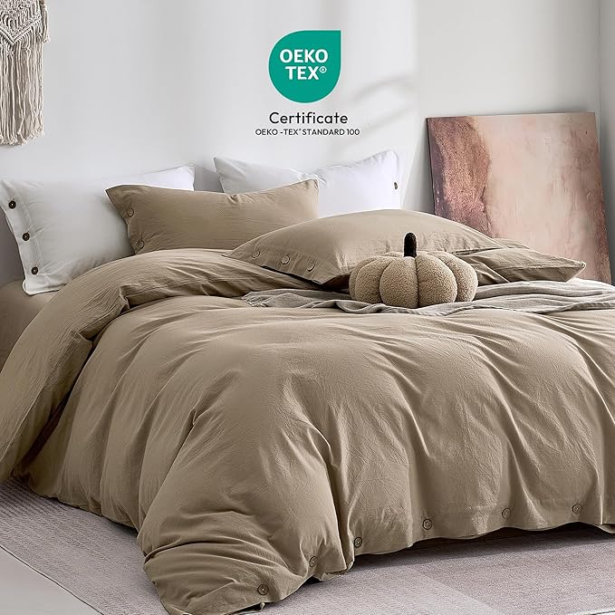 JELLYMONI 100% Washed Cotton Duvet Cover Twin – Soft, Breathable Linen-Look Bedding with Natural Wrinkle Texture, Button Closure, 3-Piece Set (Dusty Khaki, 68"x90")