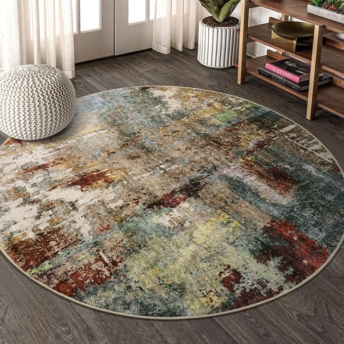 Lahome Modern Abstract Round Rug 4Ft - Washable 4x4 Circle Rugs for Living Room Bedroom Bathroom Non Slip, Soft Indoor Floor Carpet for Kitchen Entryway Family Room, Red/Multi