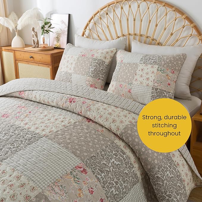 SLPR Walk in The Cotswolds Patchwork Cotton Pieced Quilt Set - Twin Size with 1 Sham, Neutral Floral & Cream Cottage Quilted Bedspread, French Country Farmhouse Bedding for All Seasons