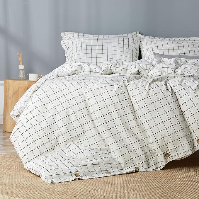 JELLYMONI Cotton Duvet Cover Twin Size - White Grid Plaid Comforter Cover with Button 100% Washed Cotton 2PCS Breathable Soft Solid Bedding Set Duvet Cover 68×90in & 1 Pillowcase (NO Comforter)
