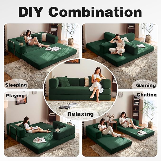 78.8" Convertible Sofa Bed -Compression Sofa with Corduroy Fabric - with Armrests and Backrest - Modular Sectional for Living Room, Bedroom, Studio - Compression Sofa in Box (Dark Green)