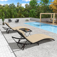 Patio Chaise Lounge Set 3 Pieces Pool Lounge Chairs,Cushioned Outdoor Folding Lounge Chair w/Rattan Adjustable Backrest for Poolside Porch,Folding Table Included,Sand