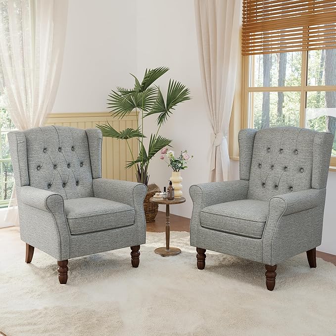 Lumibee High Back Accent Chair Set of 2,Upholstered Wingback Armchair with Solid Wood Legs for Small Spaces,Comfy Single Sofa Chair for Living Room,Bedroom,Office-Light Gray