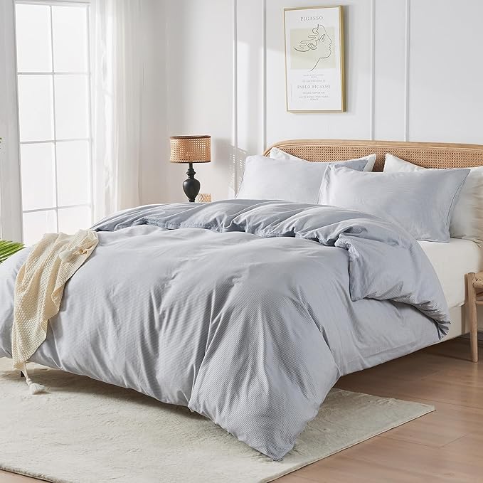 JELLYMONI 100% Natural Cotton 3pcs Striped Duvet Cover Sets,Blue Duvet Cover with Thin White Stripes Pattern Printed Comforter Cover,with Zipper Closure & Corner Ties(Full Size)