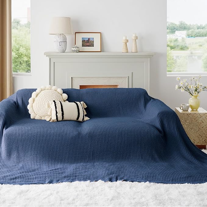 Bedsure Gentlesoft 100% Cotton Large Blanket Oversized King for Bed - Breathable Thick Waffle Weave Blanket for Summer, Couch Cover, Navy, 120x94 inches