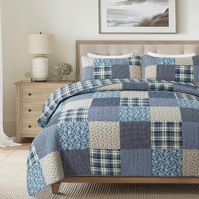 SLPR Blue Symphony Cotton Pieced Quilt Set - King with 2 Shams, Farmhouse Patchwork Quilted Bedspread with Check and Plaid Pattern, Lightweight and Cozy Country Checkered Bedding