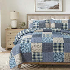 SLPR Blue Symphony Cotton Pieced Quilt Set - Queen with 2 Shams, Farmhouse Patchwork Quilted Bedspread with Check and Plaid Pattern, Lightweight and Cozy Country Checkered Bedding