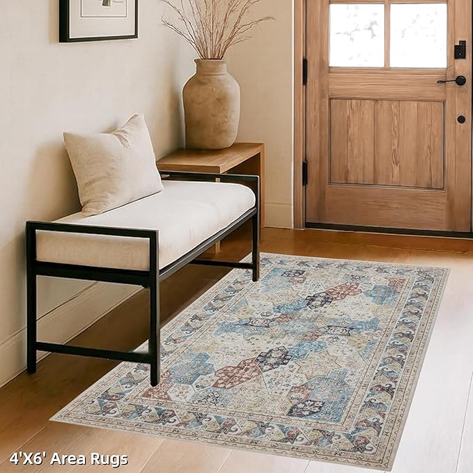 RCTJHOME 4'x6' Washable Area Rugs for Hallway, Non Slip Dining Room Rugs, Soft Low Pile Entryway Indoor Mat, Moroccan Accent Carpet for Kitchen, Living Room and Bedside, Cream Beige Blue Colorful