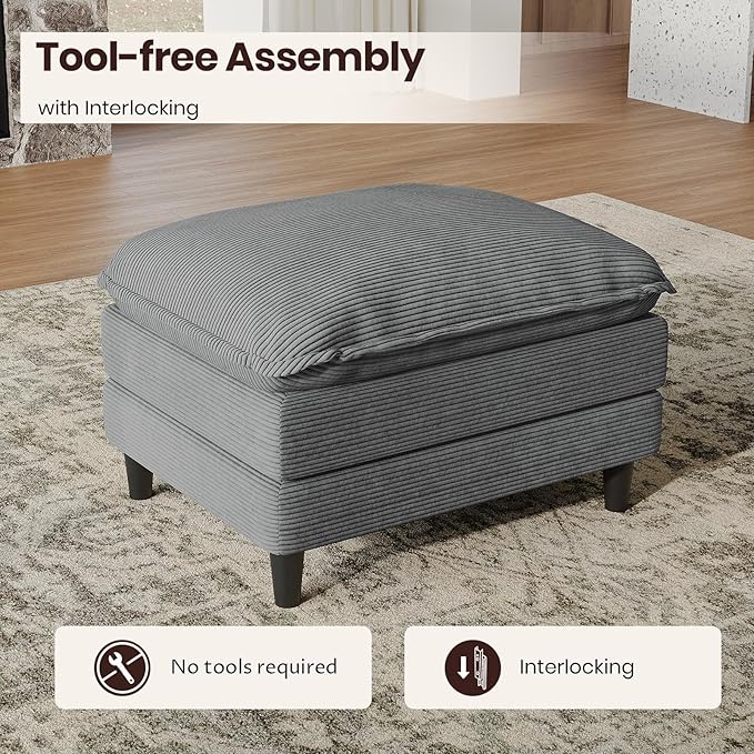 Ottoman for Modular Sectional Sofa, Ottoman Seat for Convertible Sectional, Single Sofa Couch for Living Room, Bedroom, Apartment, Corduroy, Gray