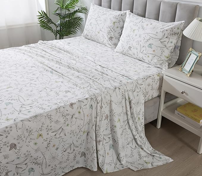 FADFAY Floral Sheets Full Colorful Butterfly Bed Sheets Set Vintage Botanical Bedding Shabby Branches Leaves Bedding Collections 100% Percale Cotton Breathable Super Soft Deep Pocket 4Pcs, Full Size