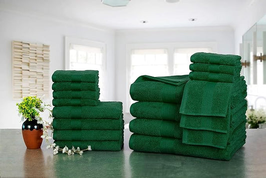 Ample Decor Bathroom Towel Set of 18-4 Hand Towel, 4 Bath Towel, 10 Wash Cloths 600 GSM 100% Cotton - High Absorbency Quick Drying, Ideal for Gifting - Christmas Green