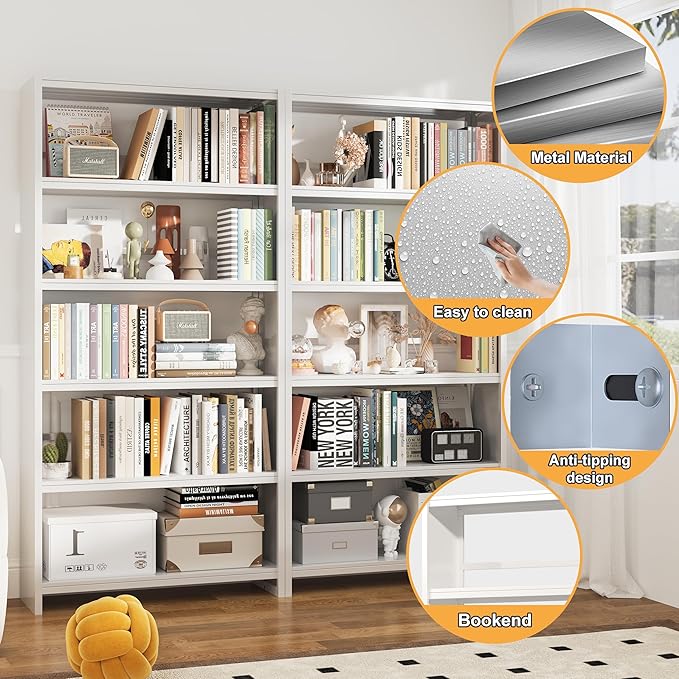 Book Shelf 69" H, 5-Tier Metal Shelving, Modern White Bookcase, Wide Bookshelf for Bedroom, Livingroom, Home Office, Library, Screw-Free Installation