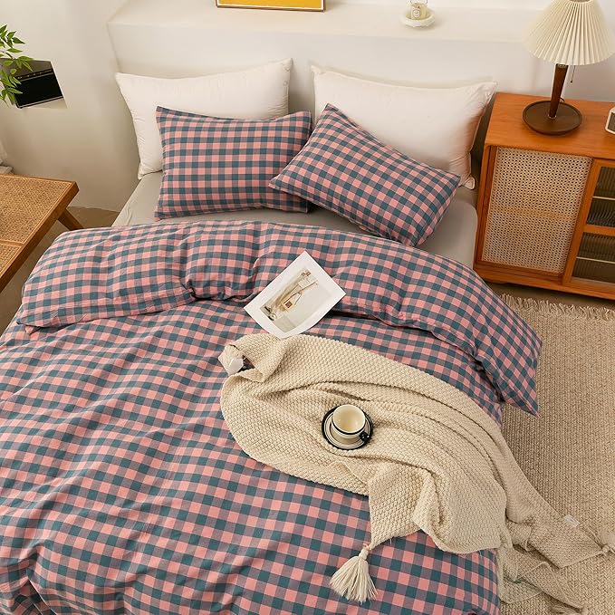 ECOCOTT Duvet Cover Set, 100% Washed Cotton Linen-Like Soft & Breathable, Durable Comfy Bedding Set for All Seasons King Size, Purple Pink Plaid
