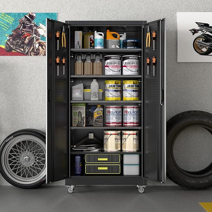 SUXXAN Metal Garage Storage Cabinet with Wheels and Pegboard, 71'' x 34'' x 18'' Lockable Rolling Steel Cabinet with 5 Adjustable Shelves and Door for Garage, Office, Kitchen, Assembly Required