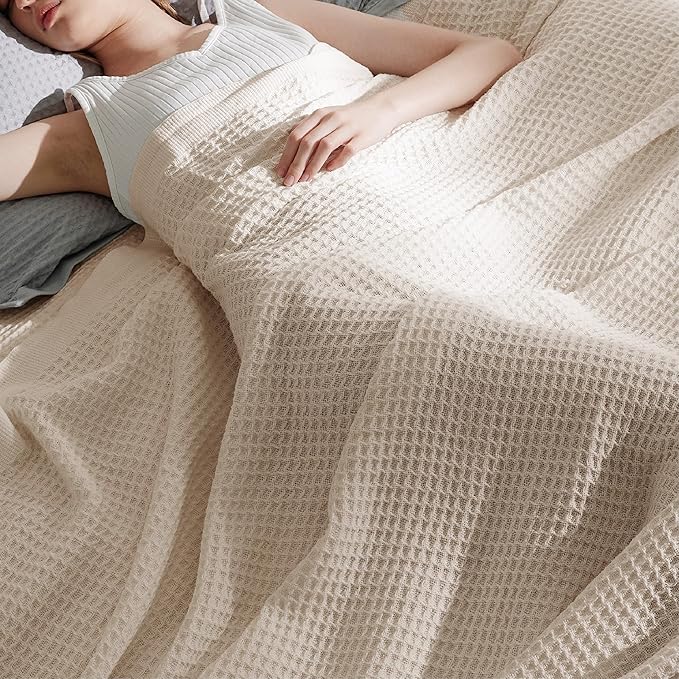 Bedsure Gentlesoft 100% Cotton Large Blanket Oversized King for Bed - Breathable Thick Waffle Weave Blanket for Summer, Couch Cover, Light Beige, 120x94 inches