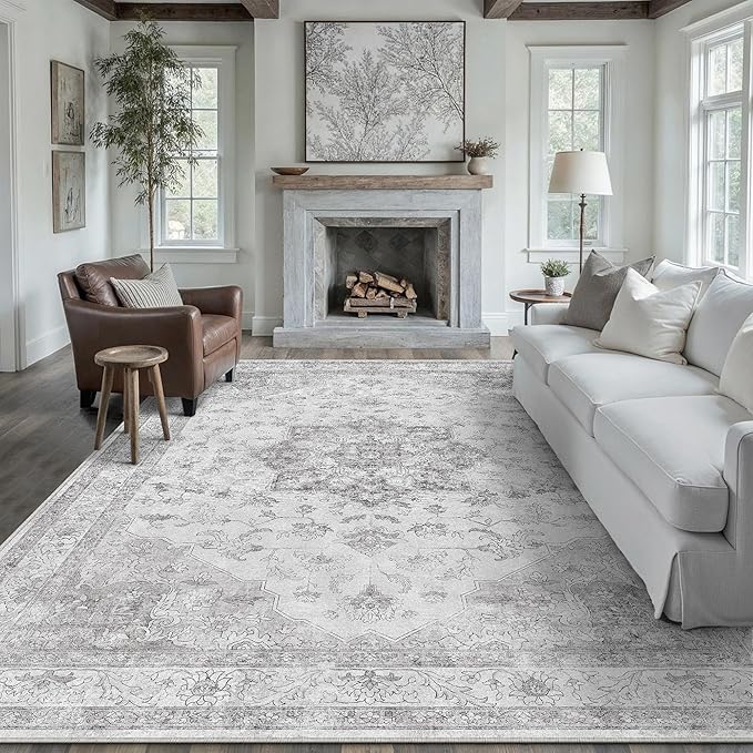 Gray Area Rug 9x12 Washable Living Room Carpet Vintage Non Slip Soft Bedroom Indoor Office Retro Grey Low Pile Thin Oriental Medallion Large Rug for Dining Room Bathroom Playroom