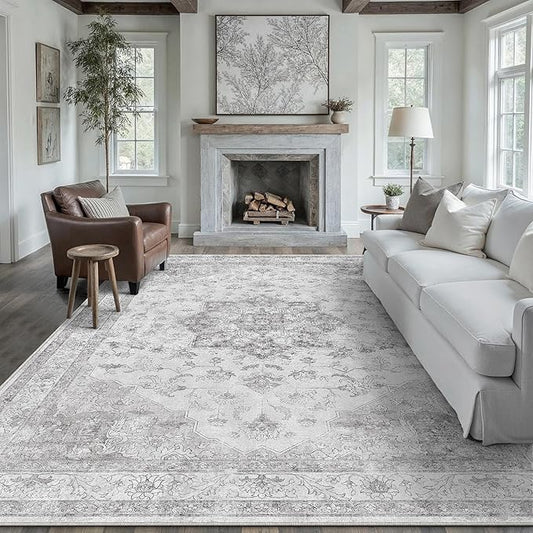 Grey Gray Area Rug 8x10 Washable Vintage Carpet for Living Room Bedroom Large Soft Retro Low Pile Thin Indoor Rug Non Slip Oriental Medallion Floor Cover for Dining Room Office
