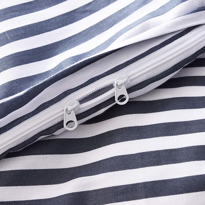 JELLYMONI 100% Natural Cotton 2pcs Striped Duvet Cover Sets,White Duvet Cover with Navy Blue Stripes Pattern Printed Comforter Cover,with Zipper Closure & Corner Ties(Twin Size)