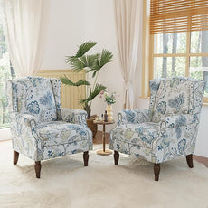 Lumibee Wingback Accent Chair, 2 Set High Back Floral Armchairs in Fabric,Comfy Upholstered Reading Single Sofa Chairs with Solid Wood Legs for Living Room,Bedroom,Office-Plants Blue