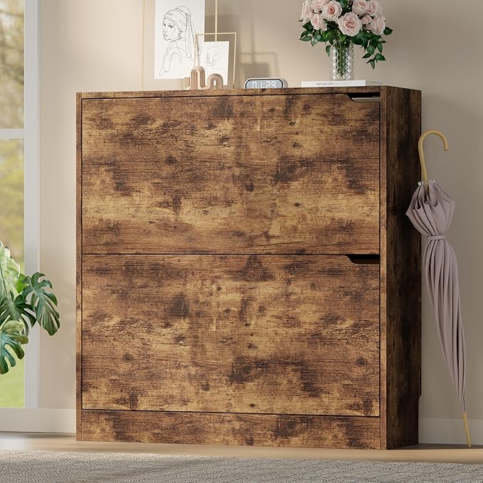 Shoe Cabinet with 2 Flip Drawers, Slim Narrow Shoe Storage Cabinet, Freestanding Shoe Organizer with Adjustable & Removable Shelves, Top Display Shelf for Entryway, Hallway, Foyer, Closet