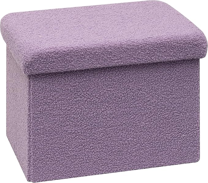PINPLUS Storage Ottoman Cube Ottoman Foot Rest,Small Foldable Portable Boucle Upholstered Sherpa Ottomans, Faux Teddy Fur, Purple 16.5"x12.6"x12.6"