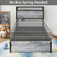 LIKIMIO Twin Bed Frames with Drawer, Storage Headboard with Outlets, No Box Spring Needed, Easy Assembly, Industrial Gray