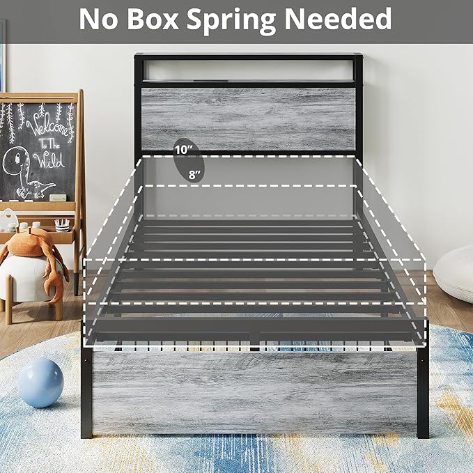 LIKIMIO Twin Bed Frames with Drawer, Storage Headboard with Outlets, No Box Spring Needed, Easy Assembly, Industrial Gray