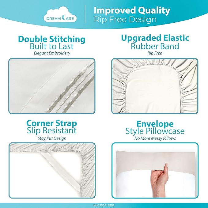 DREAMCARE Twin XL Sheet Sets – 3pcs Cooling Sheets – up to 15” Deep Pocket Twin XL Sheets Set – Hotel Luxury Sheets & Pillowcases – Superior Softness 100% Fine Microfiber with Side Pocket – Ivory DREAMCARE