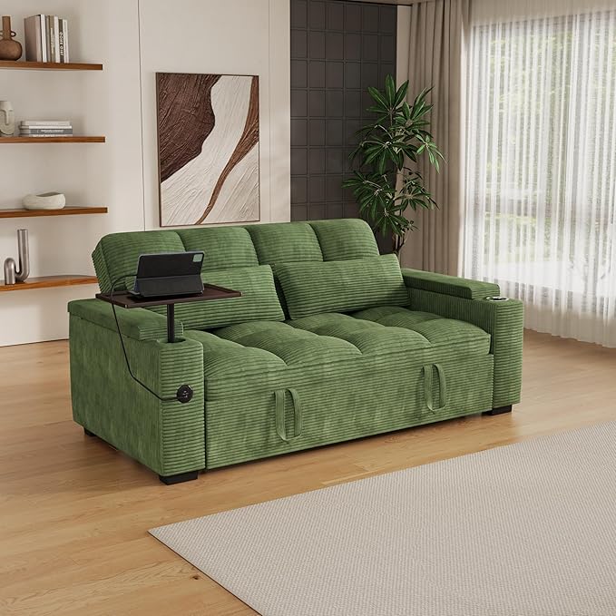 65" Sofa Bed, Loveseat 3-in-1 Sleeper Sofa with Pull Out Bed, 360° Swivel Side Table and USB, 2 Seater Convertible Small Couch for Living Room Apartment (Green, Corduroy)