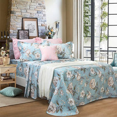 FADFAY Shabby Floral Bed Sheet Set Farmhouse Bedding Blue Cotton Winter Bedding Deep Pocket Sheets 4-Piece Queen Size