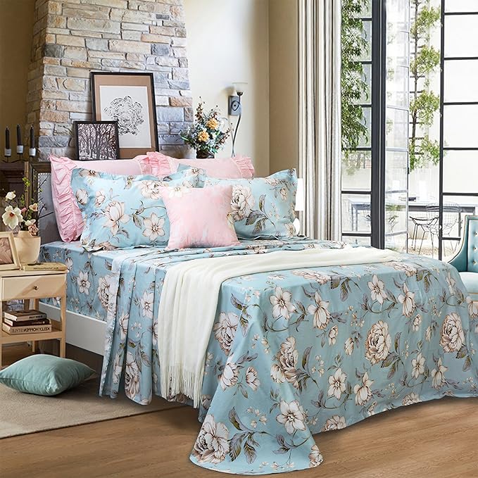 FADFAY Shabby Floral Bed Sheet Set Farmhouse Bedding Blue Cotton Winter Bedding Deep Pocket Sheets 4-Piece Queen Size