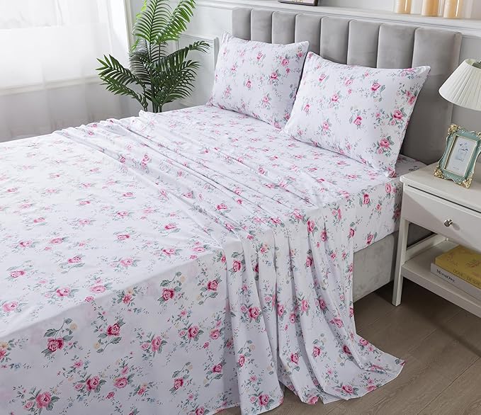 FADFAY Rose Sheets Set Full Pink Floral Bedding Rustic Botanical Flower Bed Sheet Set Vintage Farmhouse Bedding 100% Cotton Soft Breathable Collection with Deep Pocket Fitted Sheet 4Pcs, Full Size